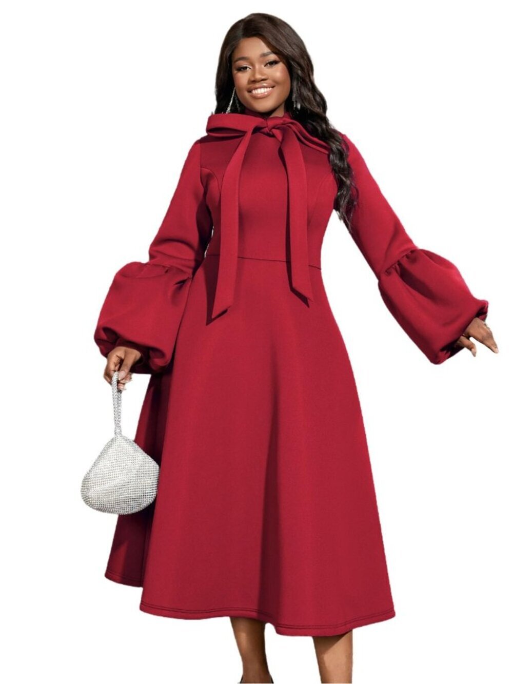 AOMEI "L"  Wine Bowtie Neck Lantern Sleeve High Waist A-Line Long Dress Red